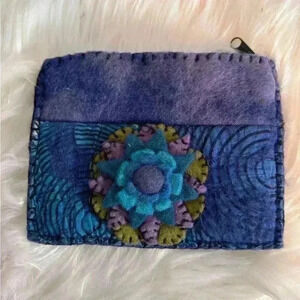 Rising tide zippered 100% wool pouch blue turquoise purple excellent condition‎